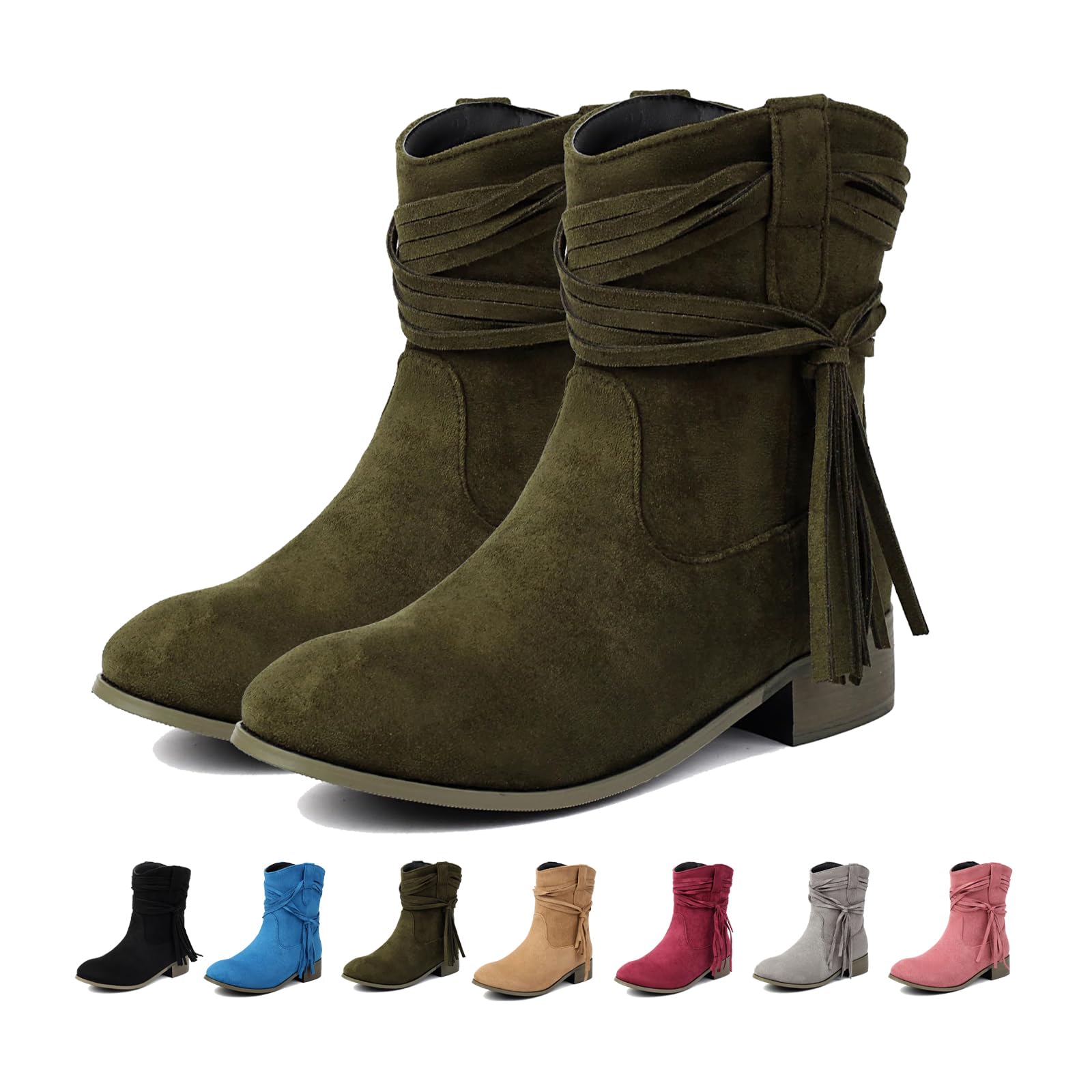 Womens Slouchy Suede Cowboy Ankle Boots with Low Chunky Heel - Round Toe Slip On Booties Featuring Back