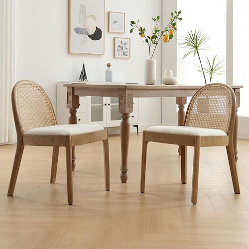 Miniatura 3 de HEAH-YO Juego de 2 sillas de comedor de ratán, sillas de comedor tapizadas de sherpa con respaldo, sillas de cocina modernas con patas de madera