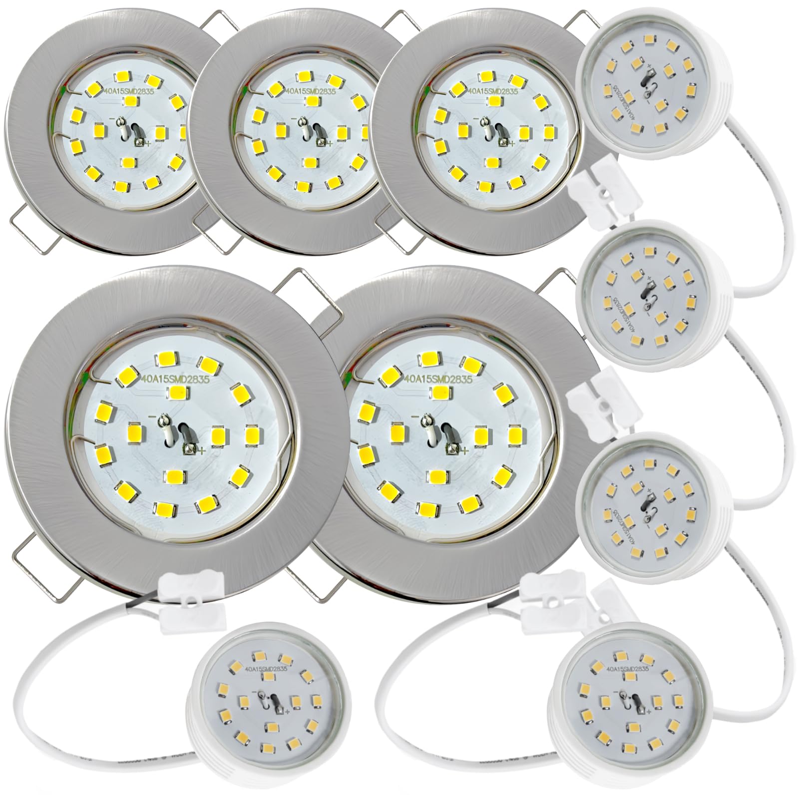 5er Set Flache SMD LED Modul Einbaustrahler | Farbe Edelstahl gebürstet | 5W | 230V | Starr | Klemmring | LED Spots für die Decke mit wenig Einbautiefe | Wohnzimmer | Küche | Schlafzimmer usw.