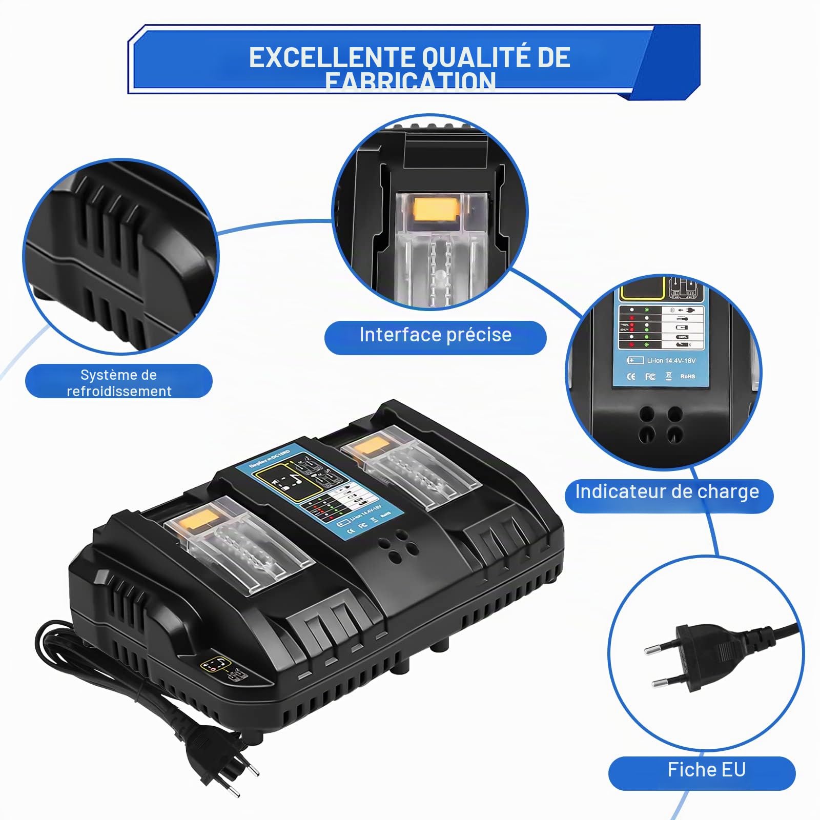 2X Goodexo Batterie de Rechange BL1850B pour Batterie 18V + 14,4V-18V DC18RD Dual Port 3A Chargeur pour Chargeur DC18RD DC18RA DC18RC DC18SF (EU Plug) pour Batterie 14,4V-18V avec (Tout Bleu)