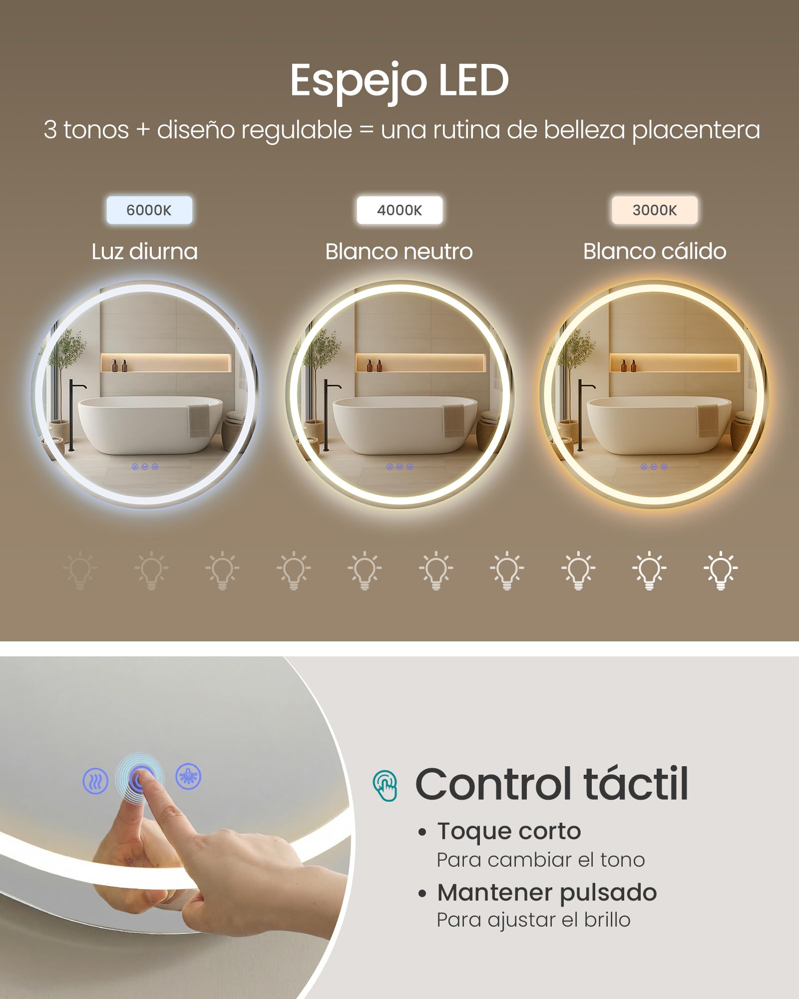 SONGMICS Espejo de Baño con Luz, Espejo de Pared Redondo, Función Antivaho, Tono y Brillo Ajustables, Maquillaje, Dormitorio, Baño, 61 cm, Blanco Nube LWM211WC02