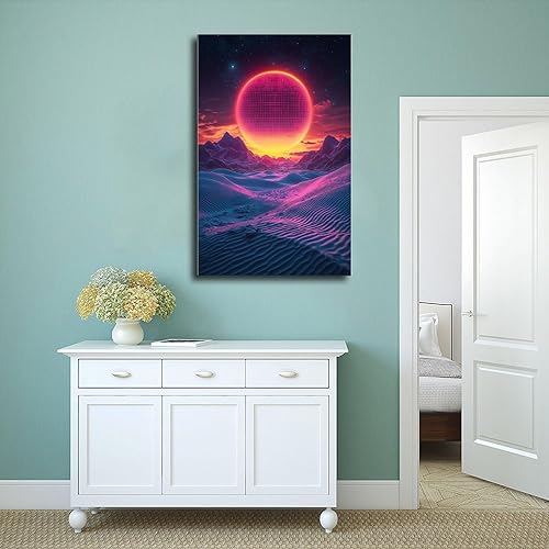 Miniatura 4 de Synthwave Wall Art Print  Neon Retro Sunset with Minimal Moon, Perfect for Office Or Studio Decor Poster Print Decorative Painting Canvas Wall Art