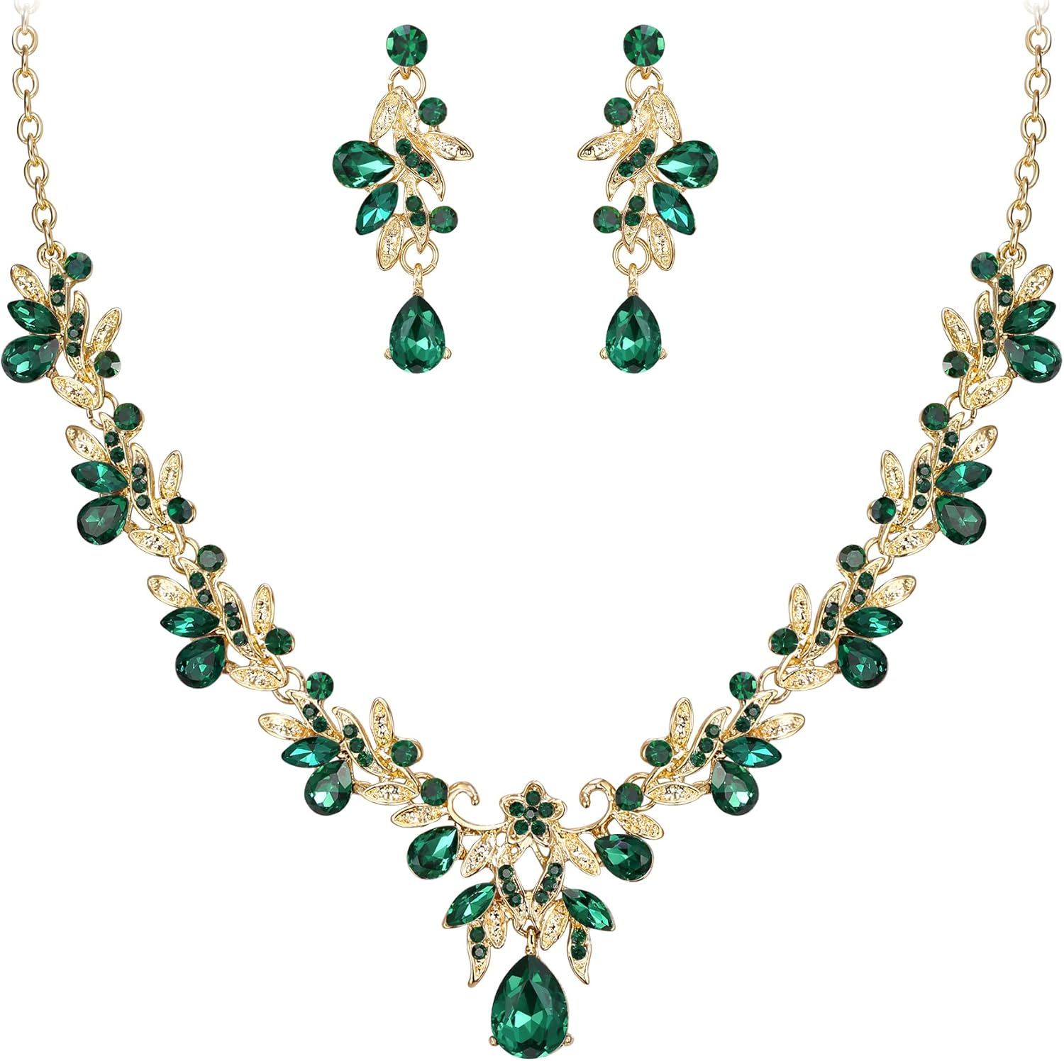 BriLove Women's Wedding Jewelery Set Leaf Flower Crystal Teardrop Marquise Cluster Pendant Necklace Dangle Earrings for Bridal Party