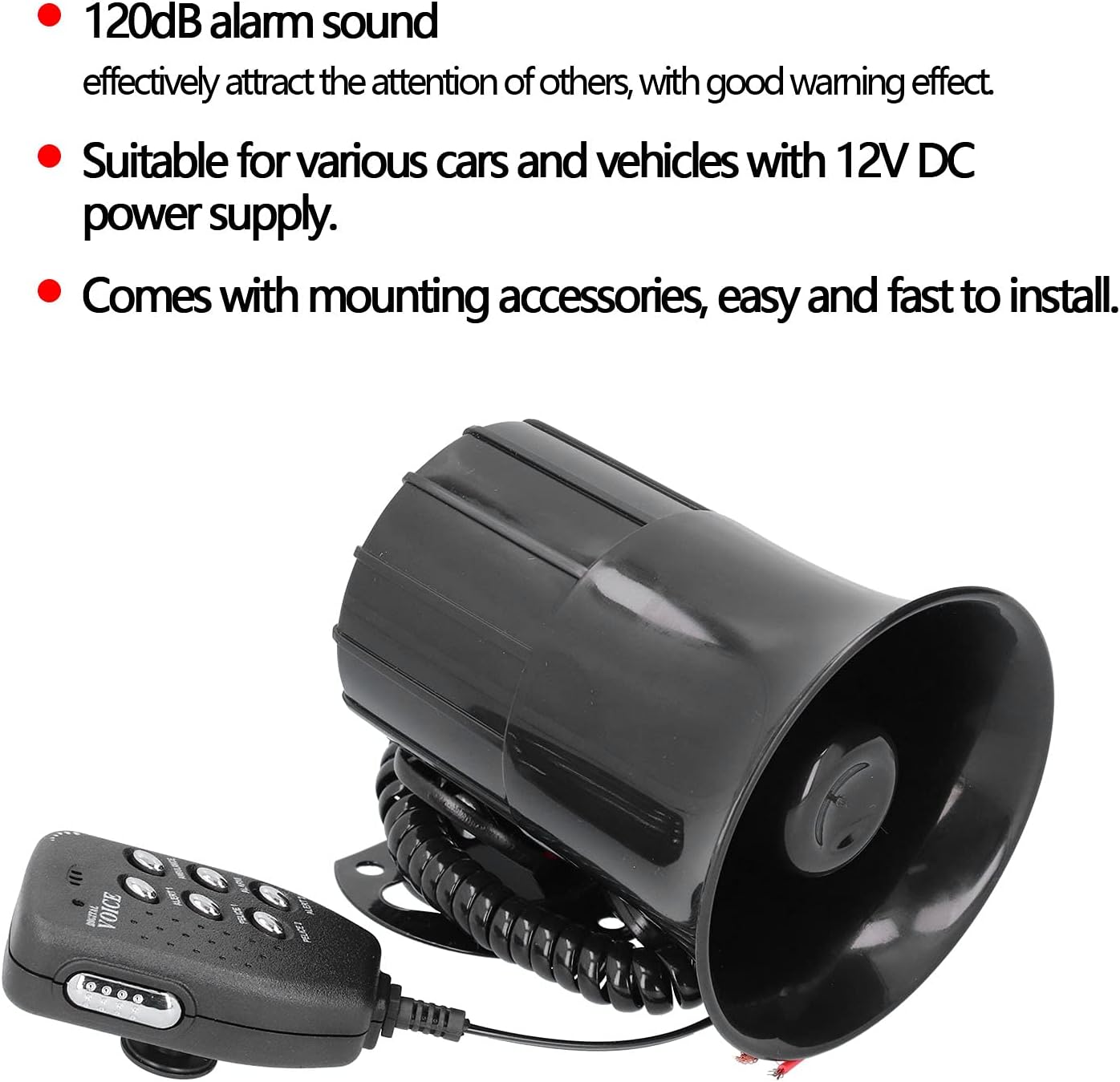 12V 50W 120dB Car Alarm Siren Horn 6 Sounds Loud Emergency Warning Alarm Speaker Amplifier Horn Siren Universal for Car Firefighting Boat Megaphone With MIC Black