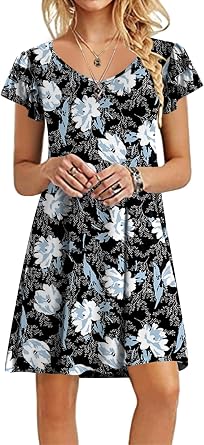 Womens 2025 Summer V Neck Mini Dresses Casual Petal Short Sleeve Flowy Dress with Pockets