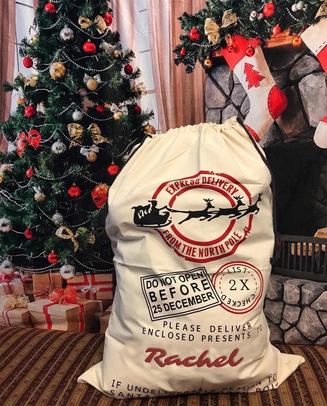 Merry Craft Works Personalized Large Christmas Santa Sack, Embroidered with Your Name, Custom Christmas Canvas Drawstring Gift Bags for Family, 3 Pack