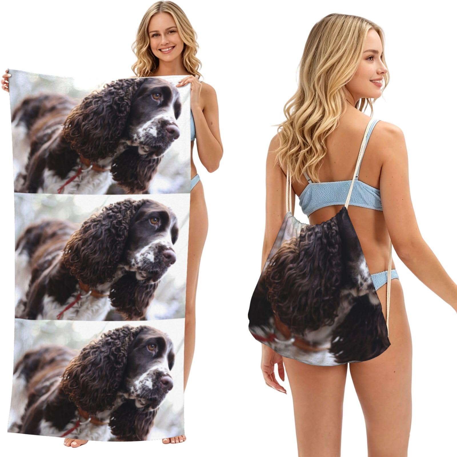 Poadnly As Picture English Cocker Spaniel Brownish White Curly Dogs, 2 In 1 Packable Towel Bag, Beach Towels With Drawstring Backpack For Travel Holiday Camping