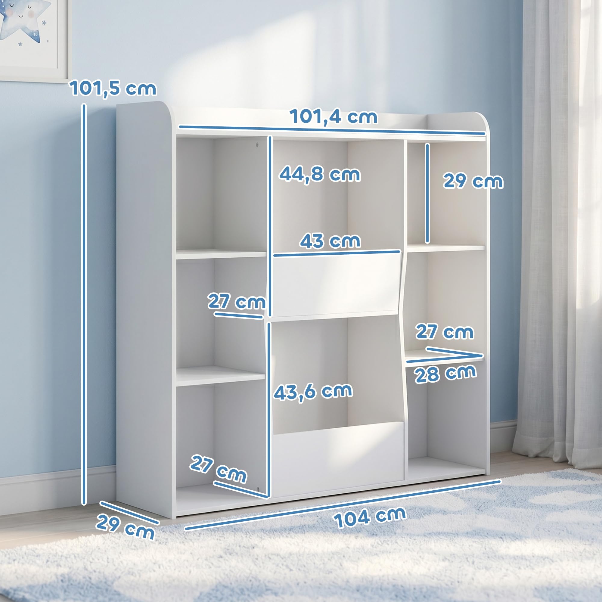 AIYAPLAY Meuble Rangement Enfant, bibliothèque Enfants avec 8 Compartiments et étagère supérieure, Anti-basculement, Rangement Jouets pour Chambre d'enfants, Salle de Jeu, crèche, Blanc
