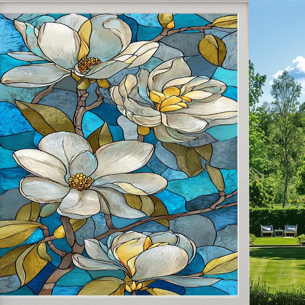 Pmlbaous Colorful Floral Stained Glass Window Film, Botanical Magnolia Nature Peel And Stick Privacy Film, Frosted Adhesive Vinyl Decorative For Bathroom Windows Glass Doors, （55X100cm）