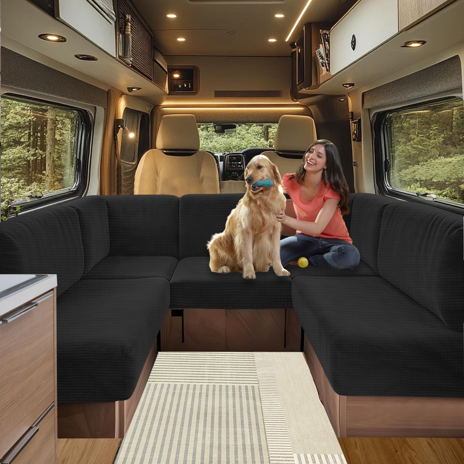 SHUOJIA Bezüge Für Wohnwagenpolster Jacquard, rutschfeste Wohnmobil Sitzbezüge Mit Verstellband, Sofa Sitzkissenbezug Für Schonbezug Wohnwagen Polster waschbar (Black,W 65-95cm, D 65-95cm)