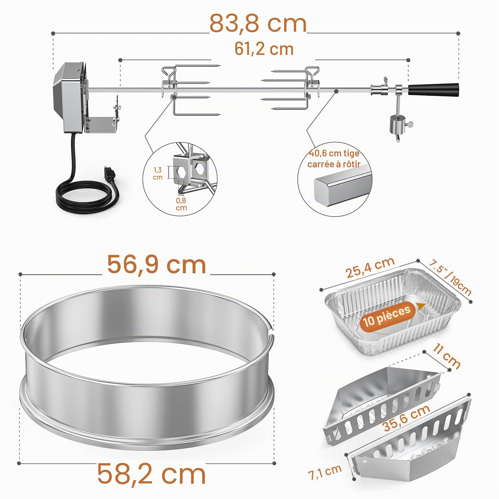 onlyfire Tourne Broche Barbecue en Acier Inoxydable, Rôtissoires Kit pour Weber Barbecue à Charbon Kettle 57 cm, avec Paniers à Charbon et 10pcs Plat Aluminium Jetable