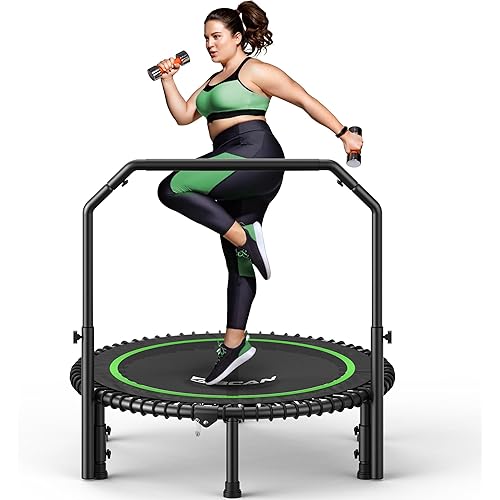 BCAN 40"/48" Mini Rebounder Trampoline for Adults with Bar, 450/550LBS Fitness Trampoline with Bungees, Adjustable Handle, Stable & Quiet, Indoor Outdoor, Whole-Body Workout & Relaxation at Home