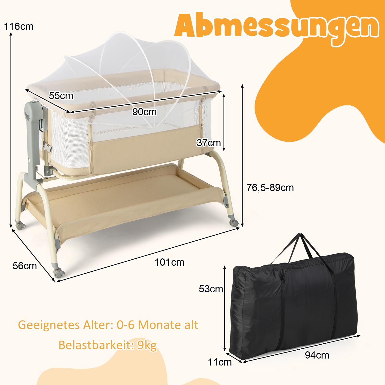 COSTWAY 4 in 1 Babybett mit Moskitonetz, Beistellbett & Babywiege & Stubenwagen & Reisebett mit Matratze, 6 verstellbaren Höhen, Tragetasche, mobiles Kinderbett faltbar für Baby bis 6 Monaten (Beige)