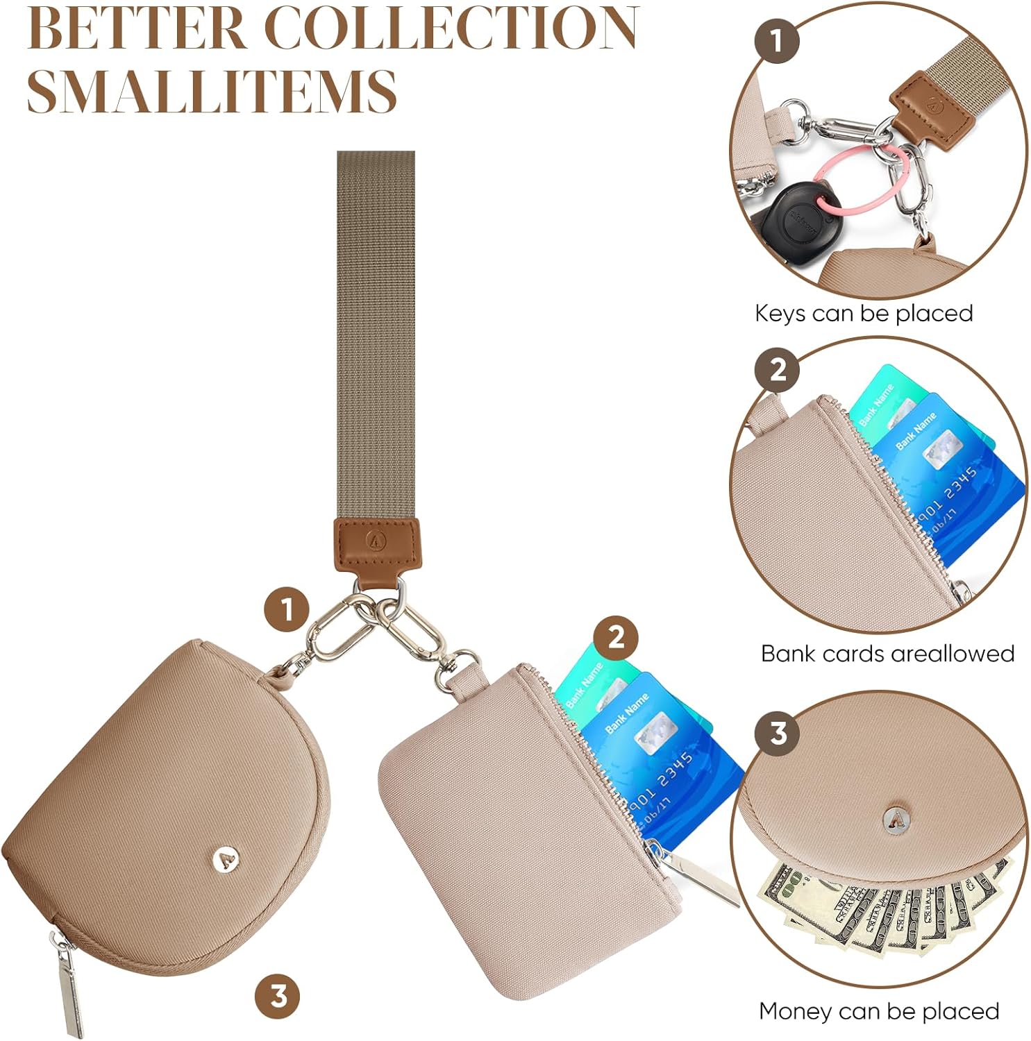 KeyChain Wallet Wristlet Wallets For Women Mini Zip Dual Pouch Wristlet - Image 5