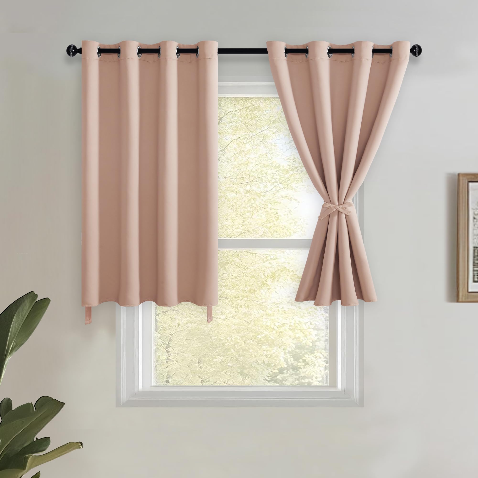 JIUZHEN Short Curtains Kitchen Half Window Blackout Curtains with Tiebacks for Baseroom Shadows, Grommet Curtains for Living Room, Set of 2 Window