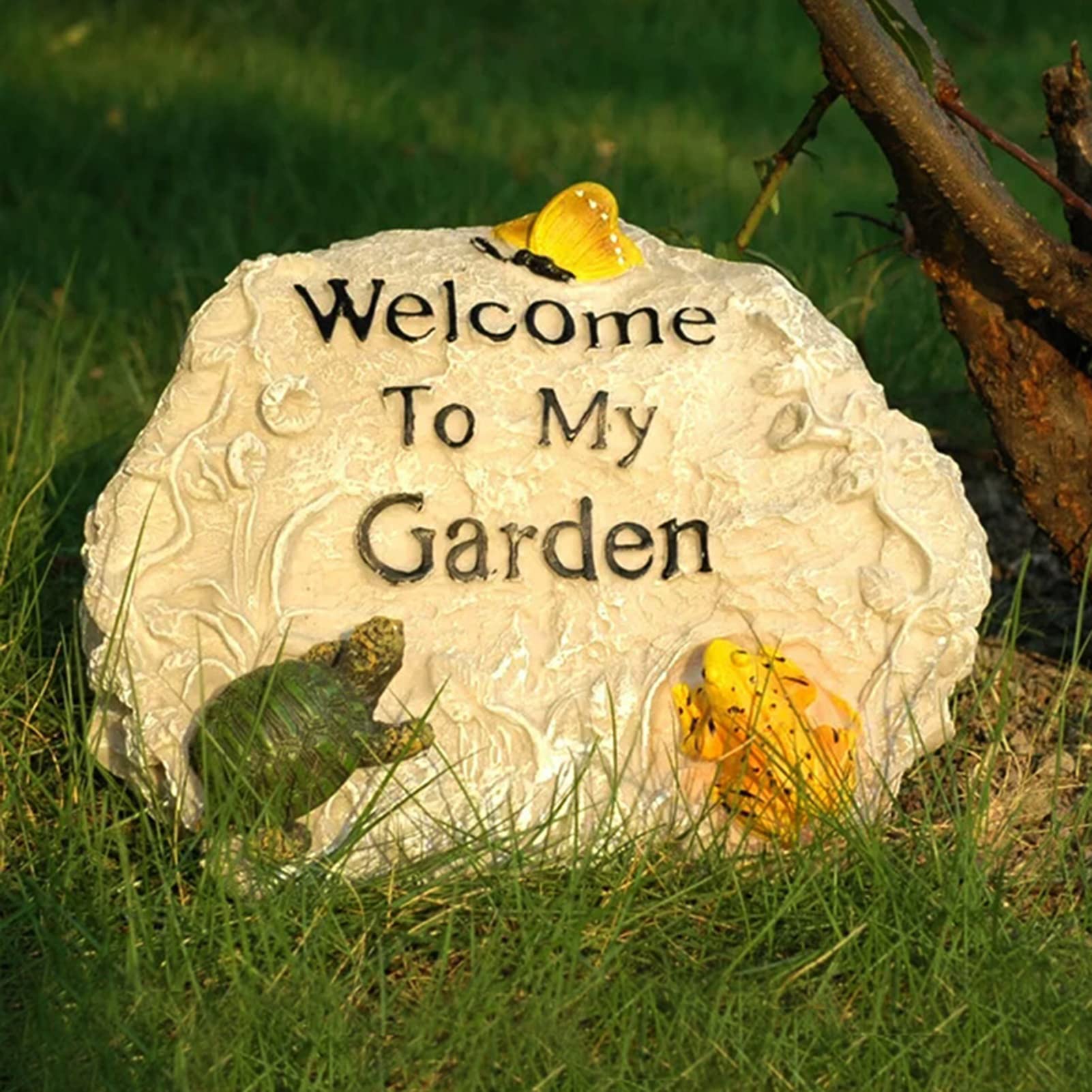LTL Adornos de Cartel de Bienvenida, Jardín de Hada Impermeable Resina Estatua Piedra de Simulación Figurita Decoración para Casa, Camino, Césped