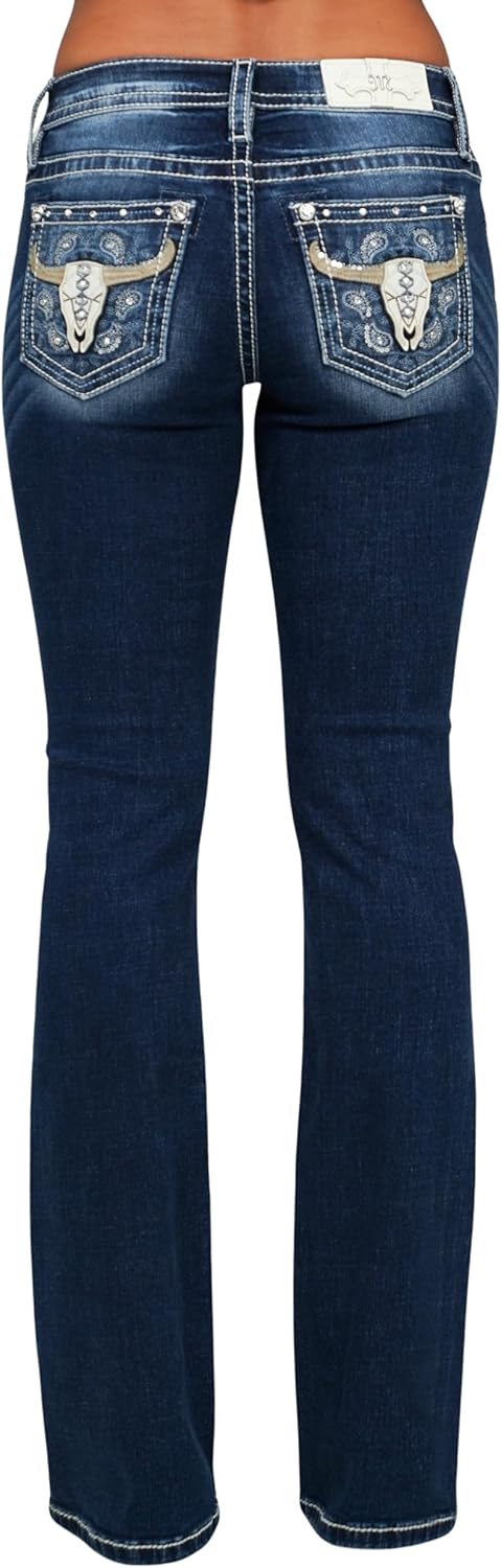 Miss Me Women's Mid-Rise Calista Longhorn Embellished Pockets Bootcut Jeans