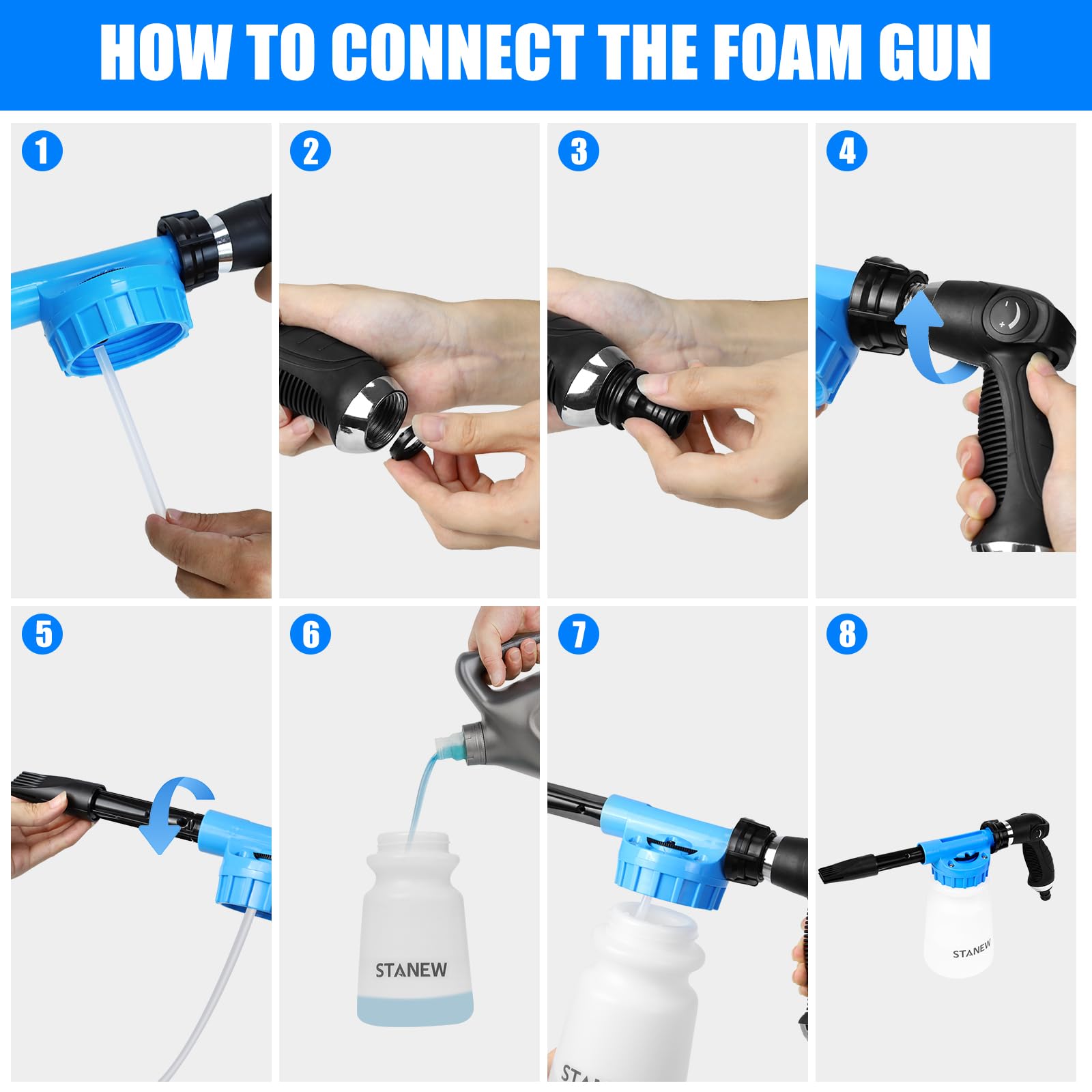 STANEW Pulvérisateur à mousse pour lavage de voiture et pistolet à neige avec tuyau 900 ml pour nettoyer le jardin
