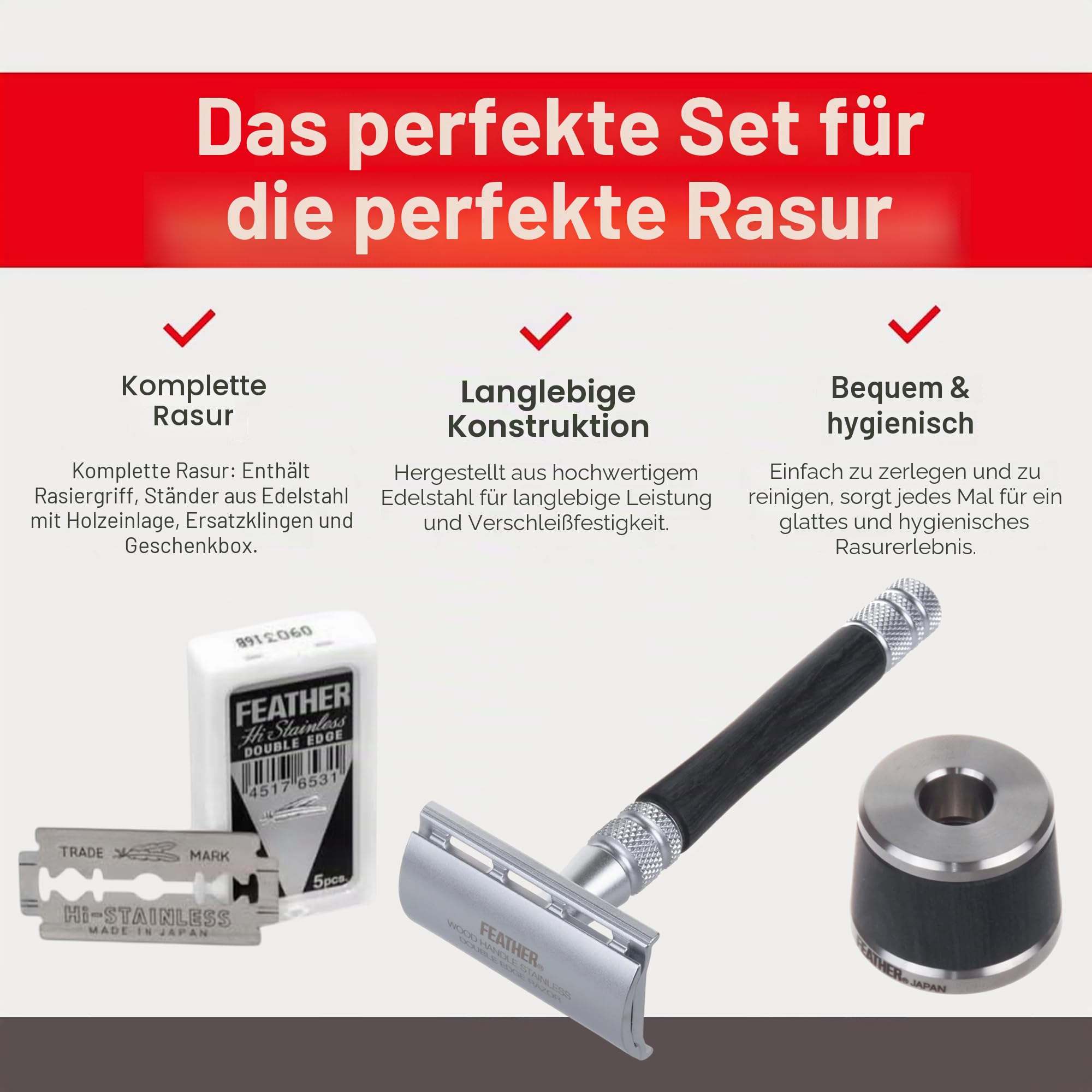 Feather WS-D2S Rasierhobel mit Holzgriff, Edelstahl und Ständer
