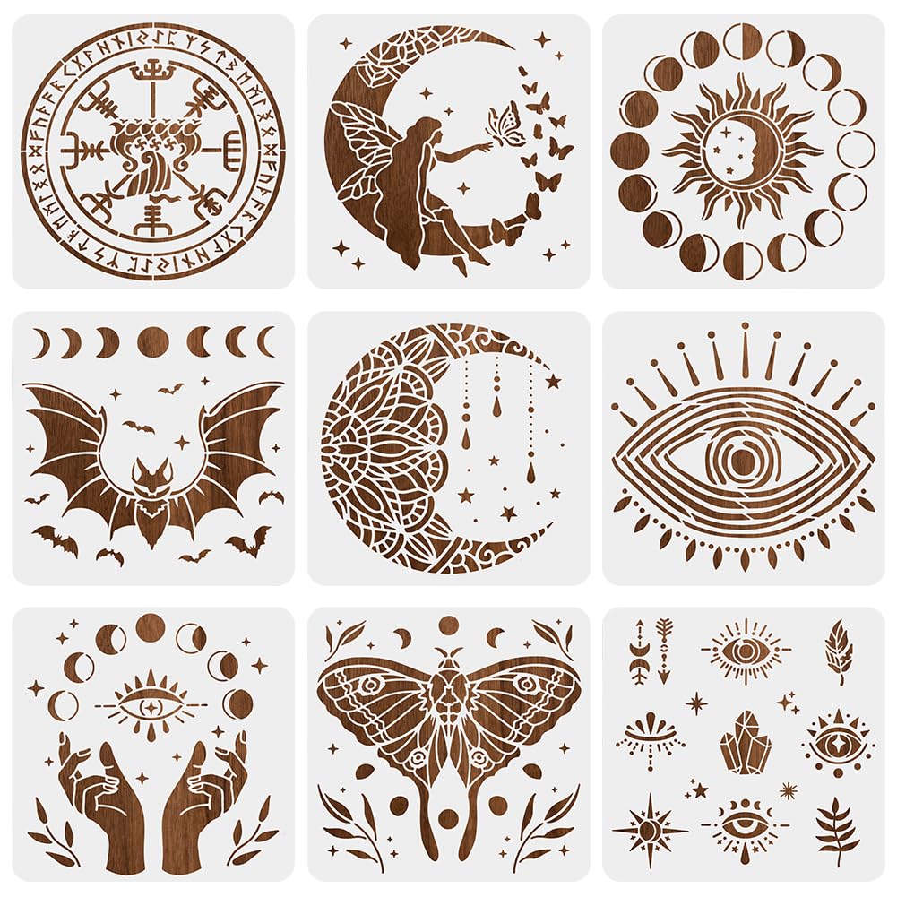 BENECREAT 9pcs Magic Theme Painting Stencils 12x12 Inch, Moon Fairy Eye Reusable Stencil Cut Painting Template for Painting on Furniture Canvas Home