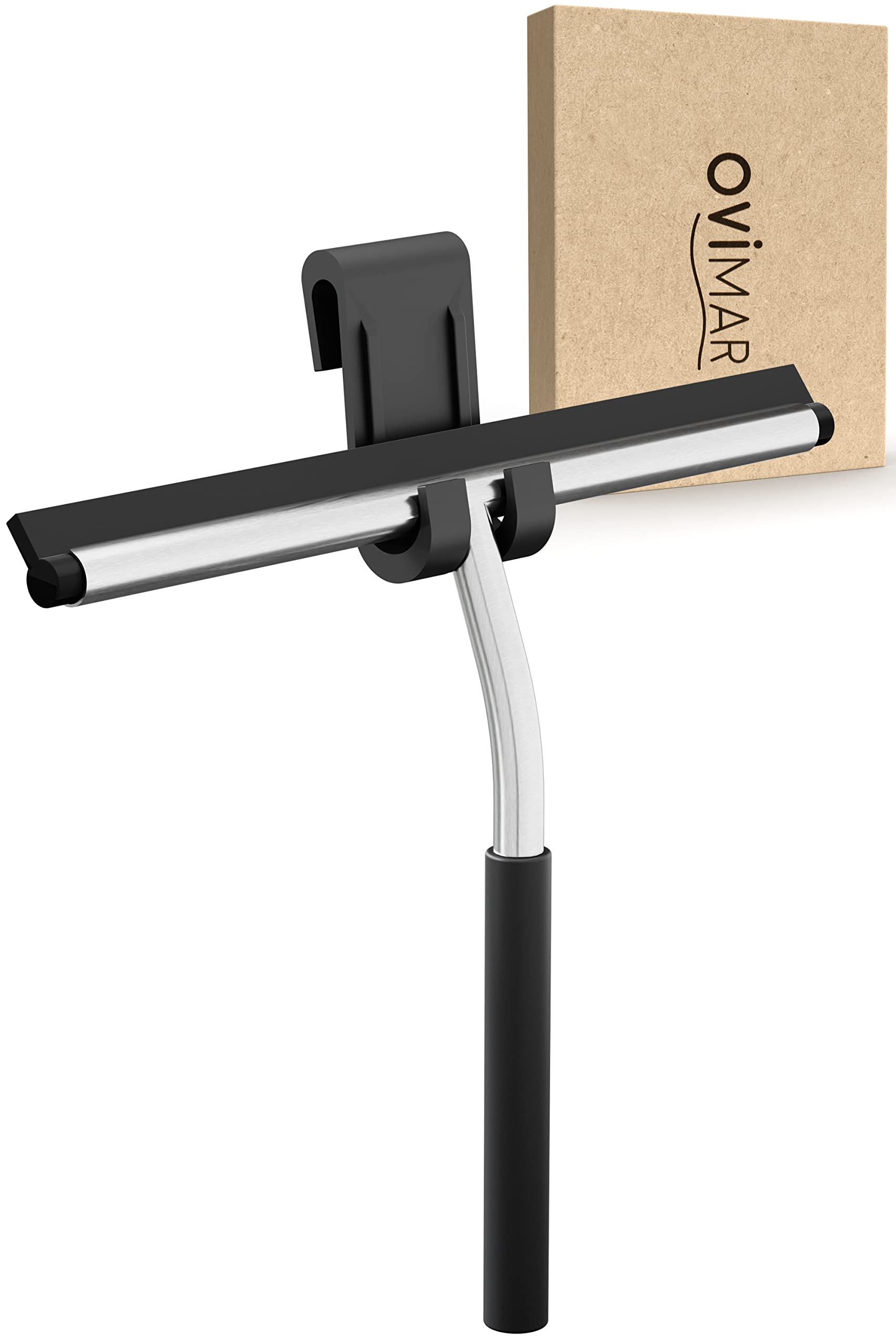 spatola per doccia ovimar Gedser | acciaio inox | nero | labbro spatola sostituibile | larghezza 26,4 cm | per la pulizia delle pareti della doccia o delle finestre - con supporto in gomma flessibile