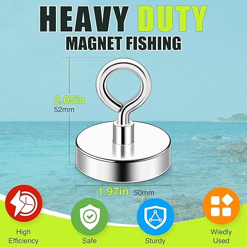 Miniatura 2 de Imanes de pesca fuertes de 300 libras (299.8 lbs) Imán de neodimio fuerte resistente con ojal de agujero avellanado para pesca magnética y