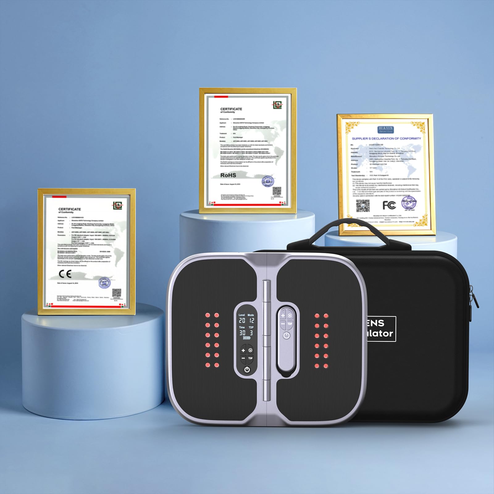 Medic Durchblutungs-Stimulator Beine & Füße mit Rotlichttherapie(660+850NM), EMS Fußmassagegerät mit Doppelter Physiotherapie, Mit magnetischem Fernbedienung und beiliegender Tragetasche