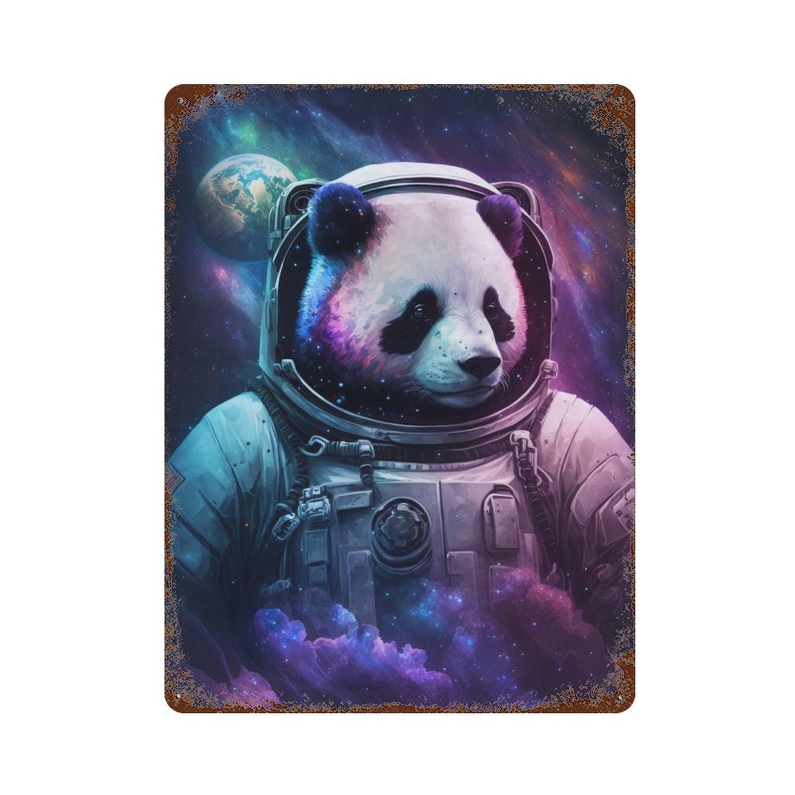 Aged Metal Wall Plaque with Panda Astronaut in Space Design 15.7"x11.8", for Shed, Workshop And Garage Wall Decor, Decorative Metal Wall Art