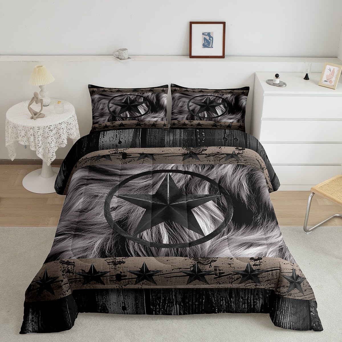 Feelyou Black Western Texas Star Comforter Set Twin Size, Cowboy Bedding Set for Kids Boys Girls Teens Rustic Texas Star Comforter Wild West Cowboy