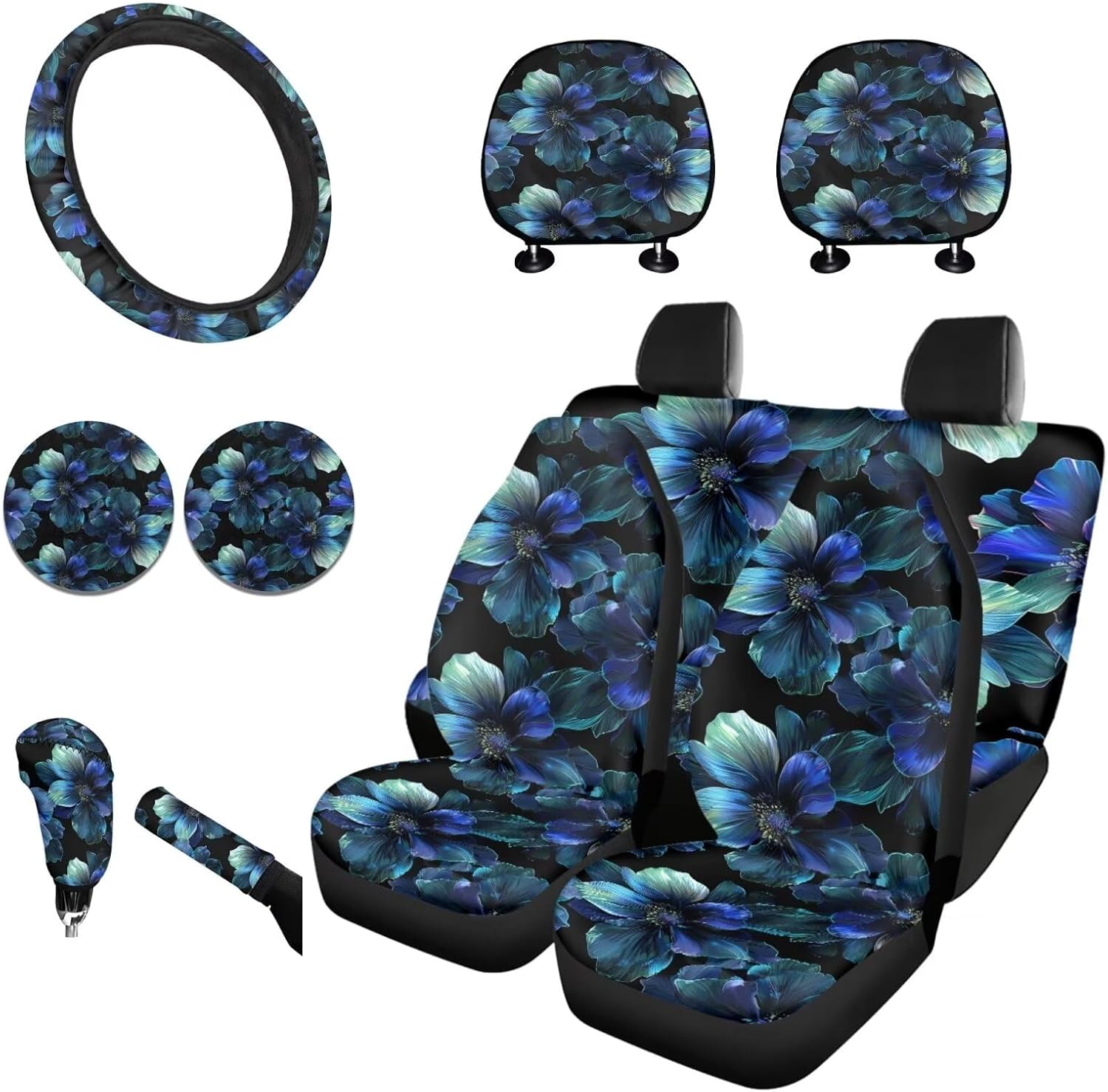 Horeset Blue Hibiscus Flower Car Seat Cover Set with Lanyards Key Holder,Bottle Holder Pad,Gear Shift Knob & Handbrake Cover,Cars Headrest Cover Accessories Interior Decor(11-Piece)