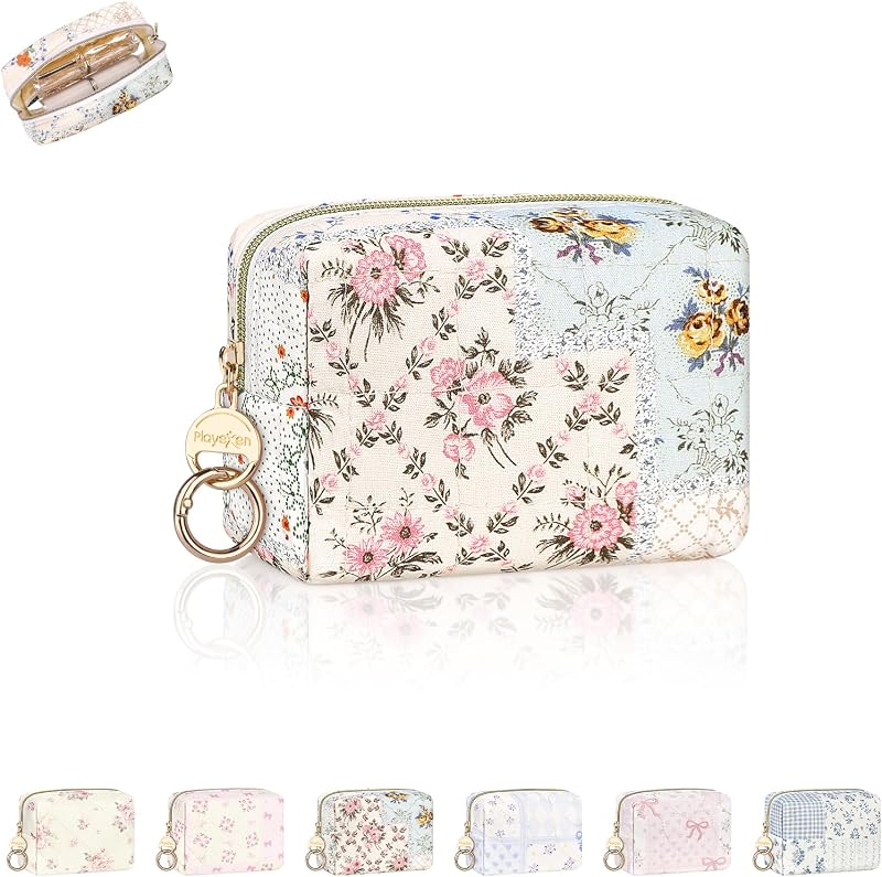Necessaire de maquiagem compacta Playexen acolchoada com zíper, estampa floral XS-Floral-Yellow, 20,07 x 6,60 x 8,89 cm