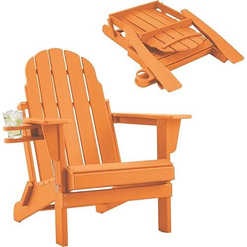 Folding Adirondack Chair - Durable HDPE Poly Lumber All-Weather Resistant w/Cup Holder, Oversized Balcony Porch Patio Outdoor Chair for Lawn, Backyard, Deck, Garden, Easy Installation, Orange