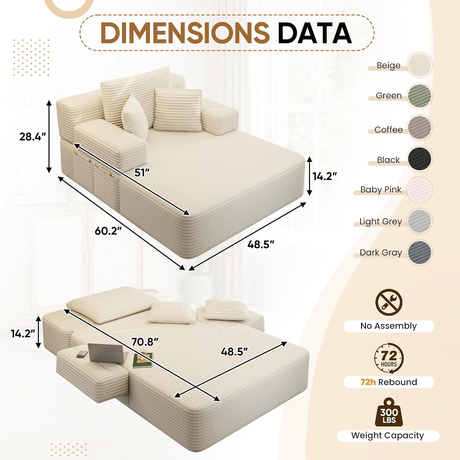 60.2"D Oversized Chaise Lounge Chair Indoor, 2-in-1 Corduroy Comfy Boneless Sofa Chair with Flipable Armrest & Backrest & Side Pocket, Cloud Sleeper Sofa Couch Bed for Living Room, Bedroom(Beige)