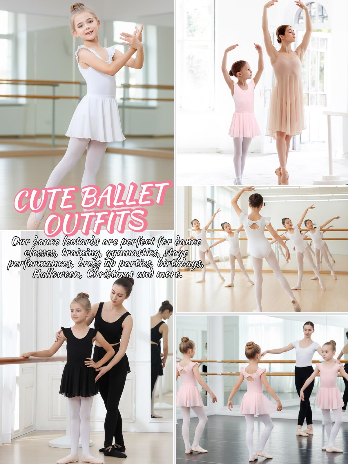 Justaucorps de ballet pour filles à manches flottantes en coton avec jupe amovible pour 3 à 11 ans