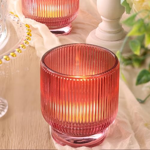 Miniatura 7 de Juego de 6 portavelas votivas rojas de 6 a 2.55 x 3 pulgadas, candelabros de cristal con elegante diseño acanalado, grandes soportes votivos para