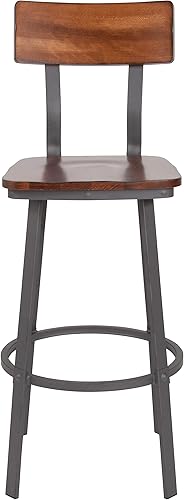 Miniatura 8 de Flash Furniture Flint Series - Taburete de bar rústico de nogal con asiento y respaldo de madera y marco de recubrimiento en polvo gris Nogal