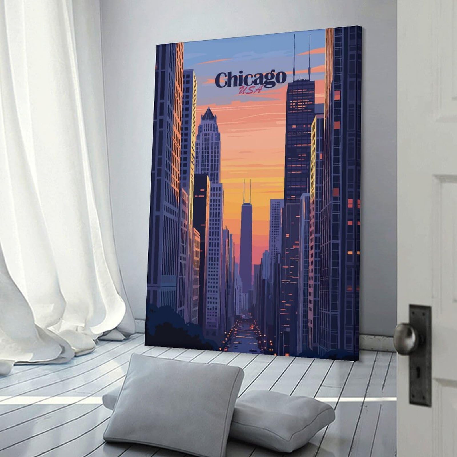 Junmoney Chicago Skyline Sunset Canvas Art Print, 20x30inch(50x75cm), for Living Room, Bedroom, Office Or Hallway, Decorative Artwork with Broad Appeal