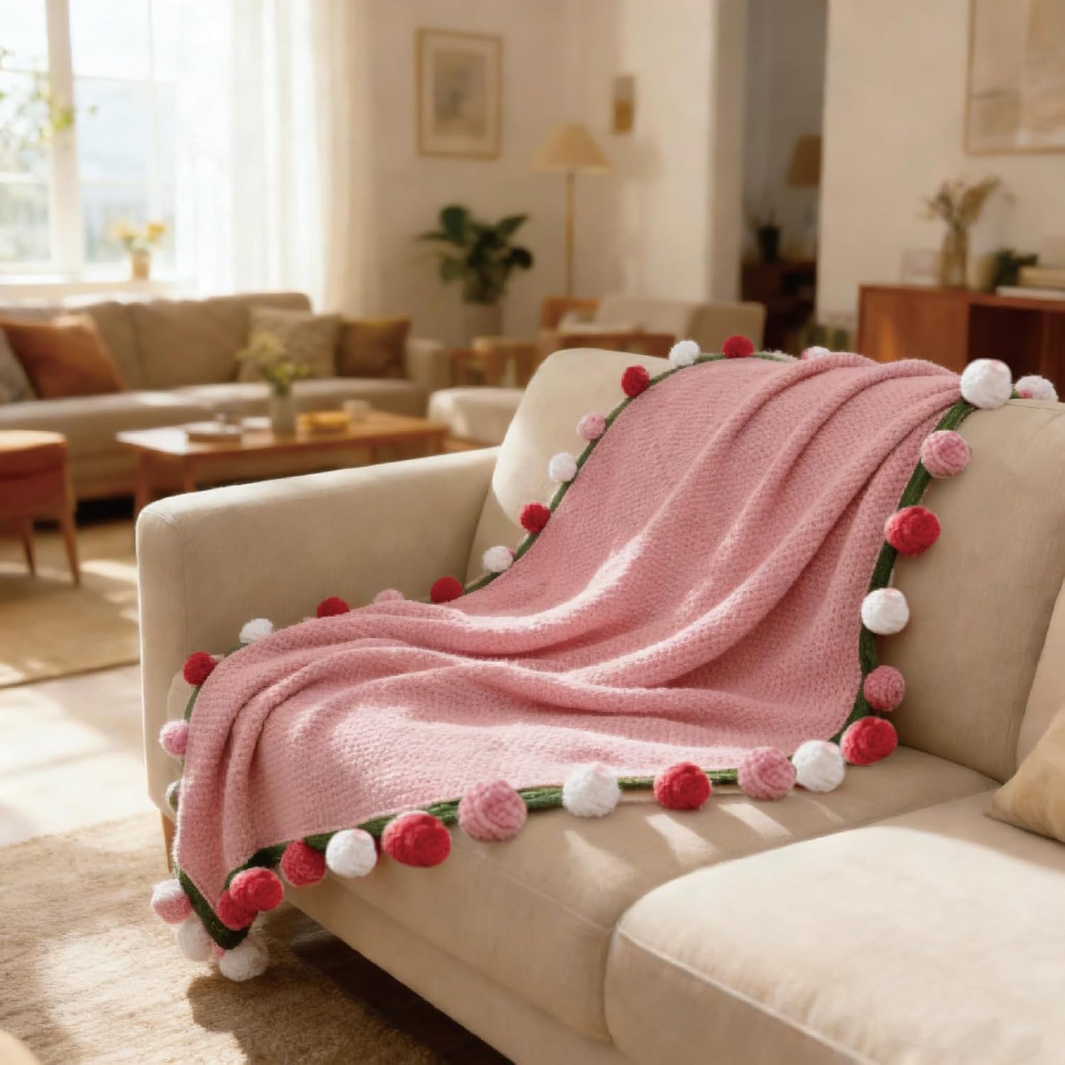 Rose Flowers Bouquet Blanket, Handmade Floral Throw Blankets, Romantic Gifts for Mom, Sister, Friend for Birthday, Valentine, Home Decor, Bed, Sofa (Multicolored Red, 59 inches)