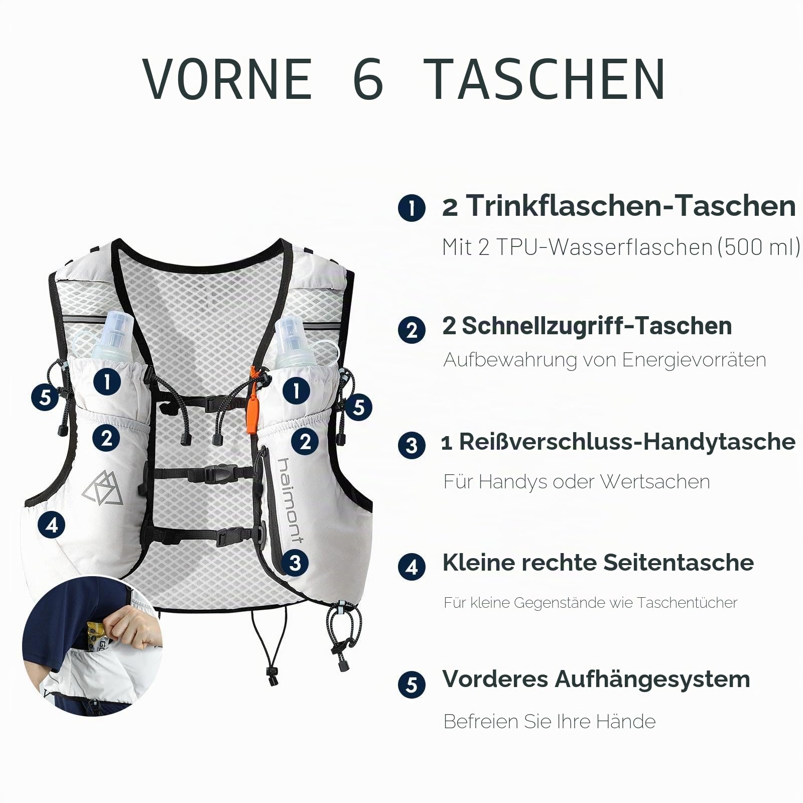 Haimont Laufweste Trinkweste für Damen und Herren Leicht Running Weste mit 2 Trinkflasche Laufen Wandern Joggen Trail 8L