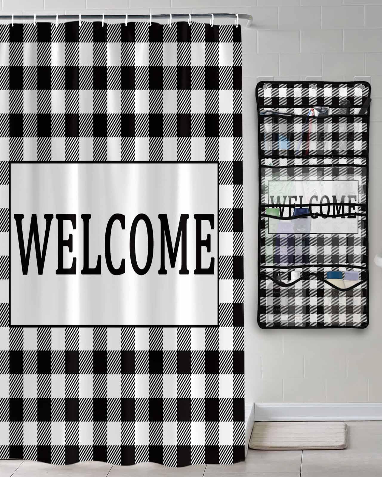 Shower Curtain Mesh Shower Organizer Hanging Set Welcome Black White Buffalo Check Plaid Waterproof Shower Curtains with 10