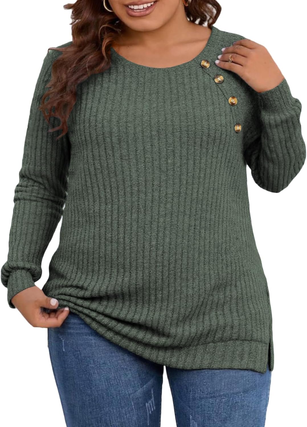 VISLILY Womens-Plus-Size-Tops Casual Long Sleeve Shirts Trendy Button Decor Tunics Lightweight Sweaters Side Split Blouses - Image 2