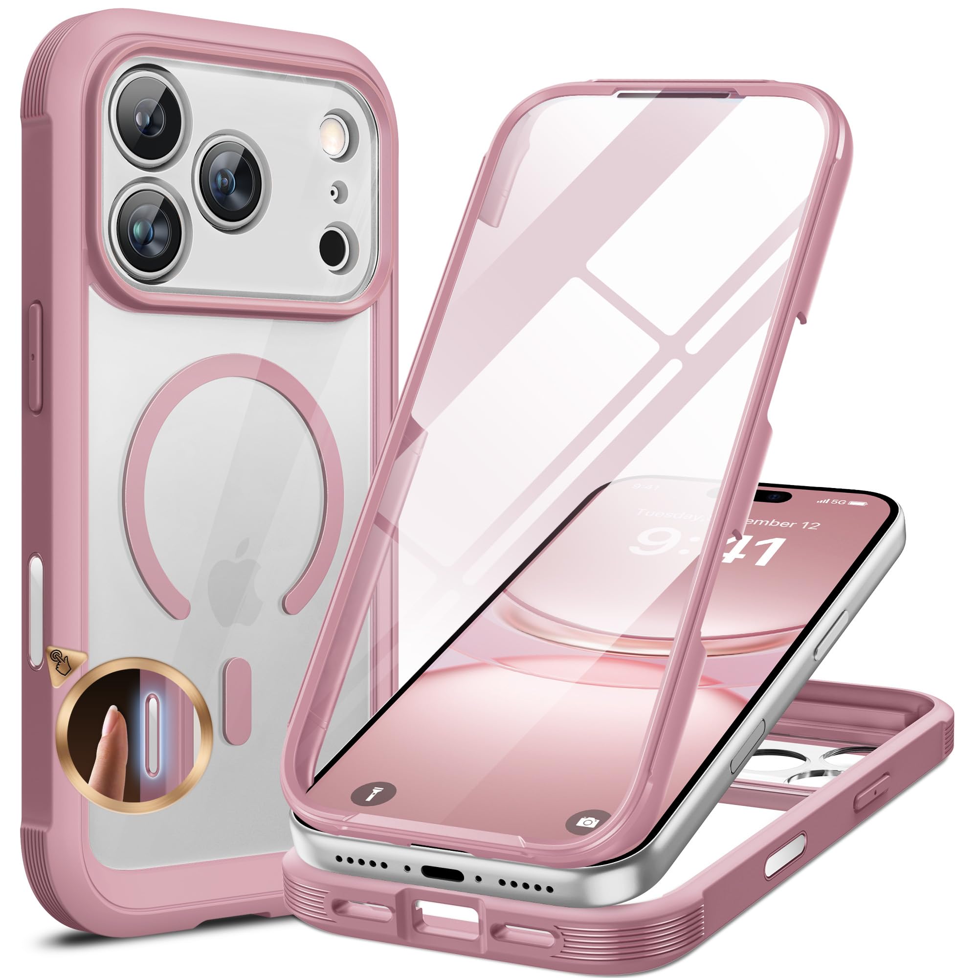 miracase für iPhone 17 Pro Max Hülle 6,9" für MagSafe, 360°Ganzkörper-Stoßfest,mit [Blasenfrei] Glas-Bildschirmschutz und [Vollständiger Kameraschutz],Magnetisch Handyhülle für 17 Pro Max,Lila-Pink