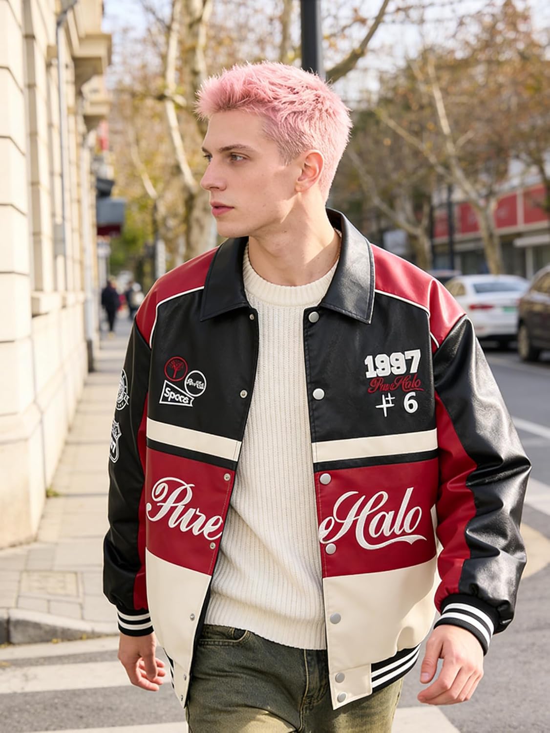 RAOENJADO Men's Racing Jacket Faux Leather Racer Motorcycle Biker Jacket in Motocross Style - Image 2