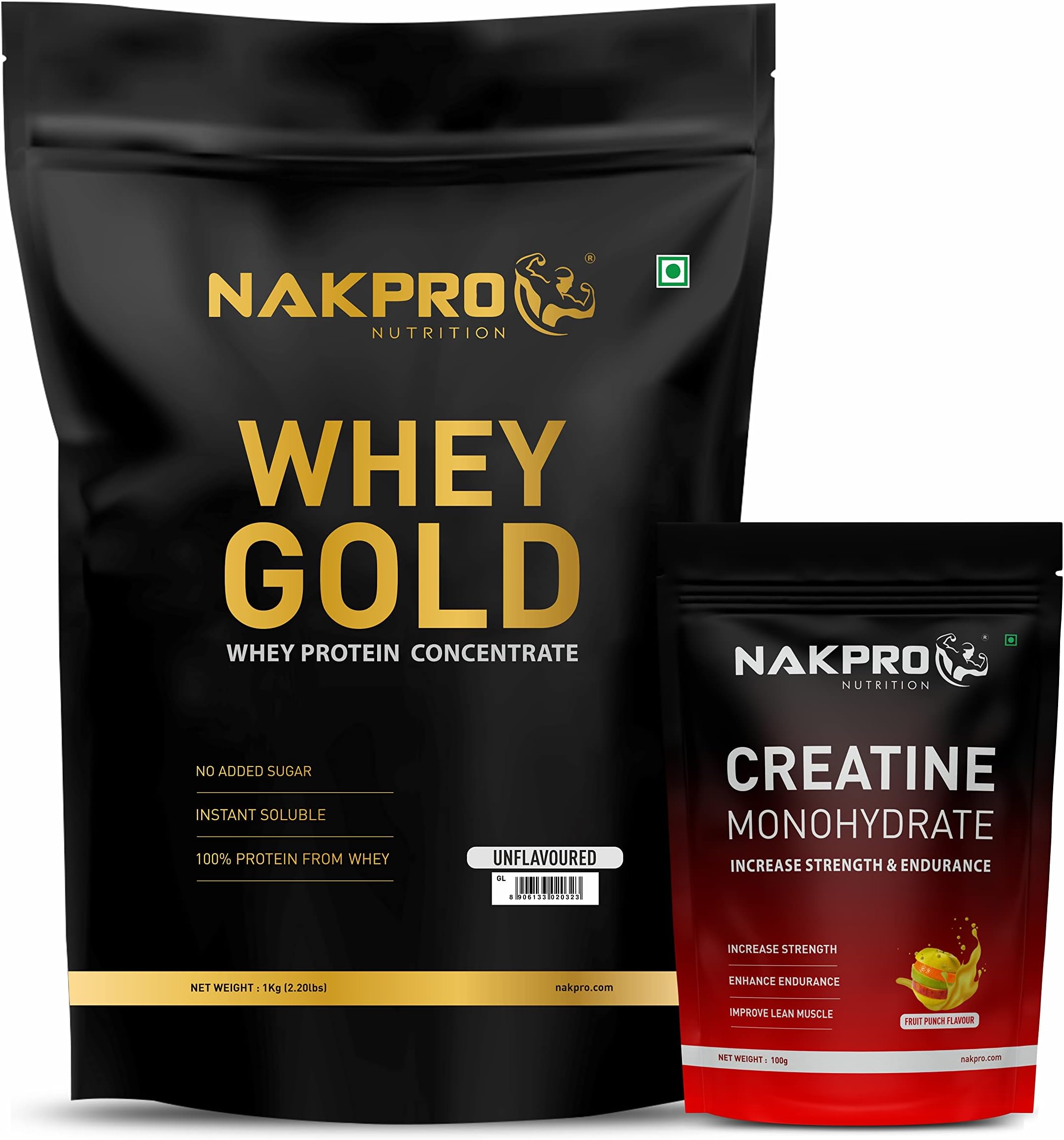 Nakpro Gold 100% Whey Protein Concentrate, 1 Kg Unflavoured with 100g Creatine - Fruit Punch | Easy Mixing, Low Carbs, Easy Digesting Whey Protein Supplement Powder (Combo Pack)