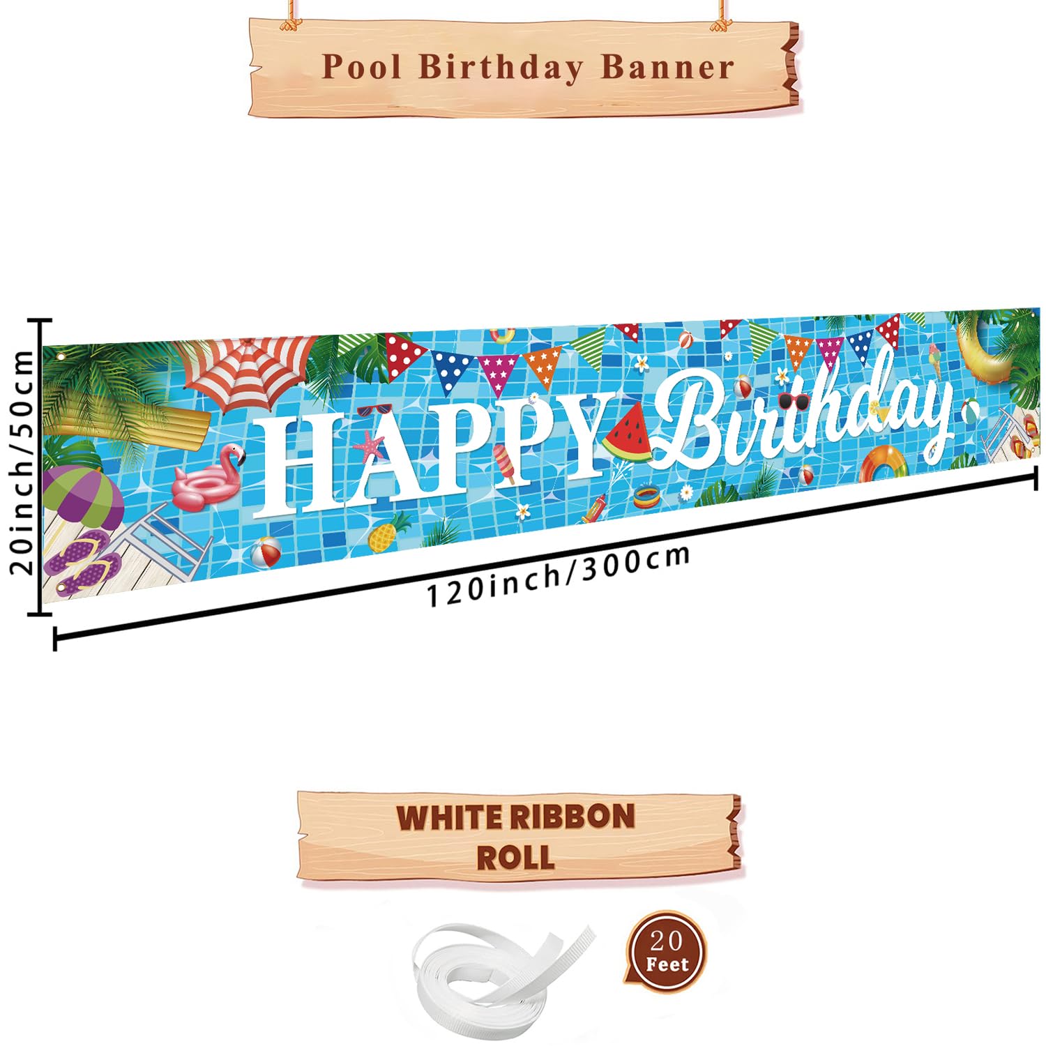 AUSHENKE Baner na imprezę przy basenie, bardzo duży rozmiar baner Happy Birthday, 299 x 50 cm, wielokolorowy, na artykuły imprezowe przy basenie