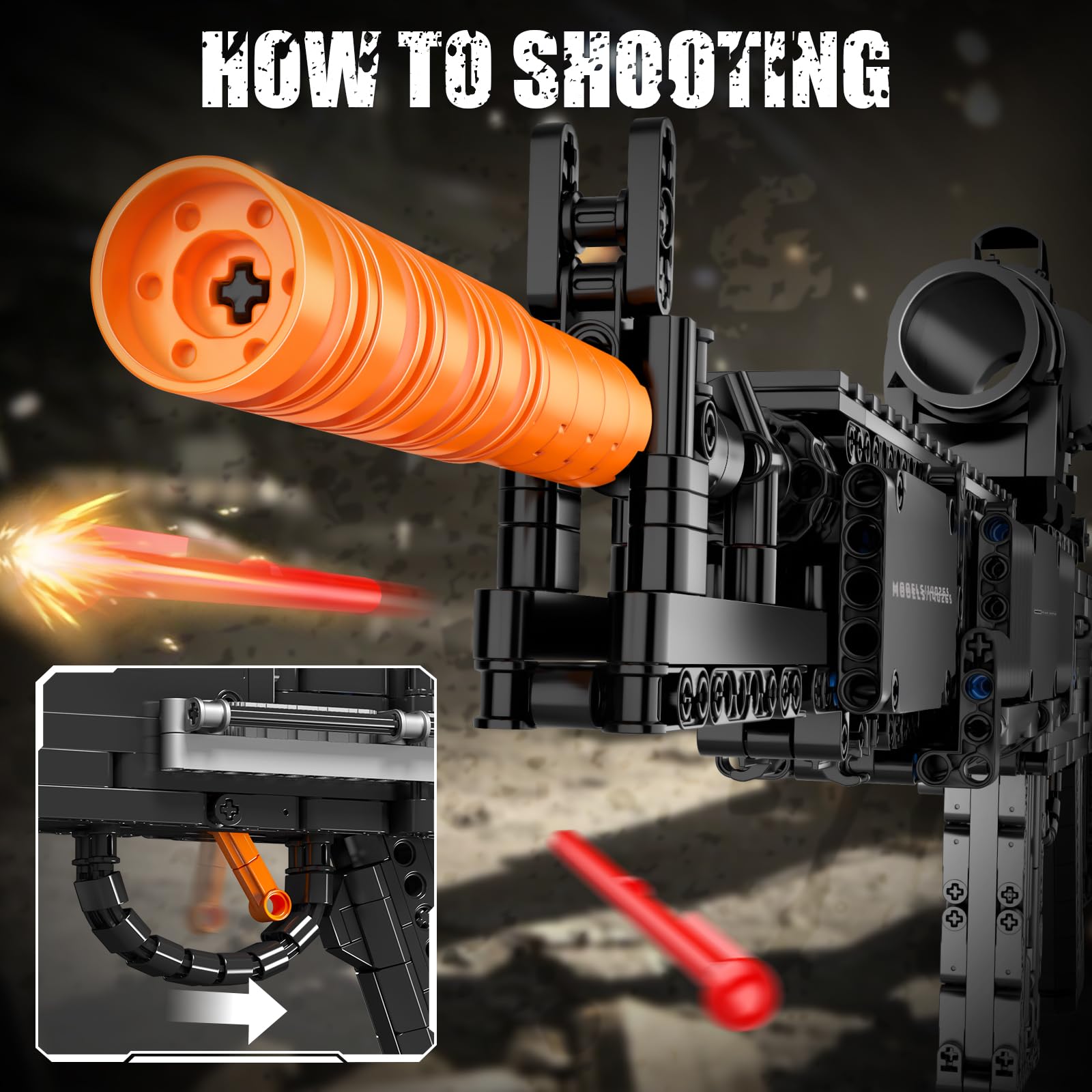 Mould King Modellino di pistola MK14 in scala 1:1 con capacità di sparare - 14026 militare - Kit di montaggio per adulti a tema militare Un regalo giocattolo da collezione ideale per giovani ragazzi e