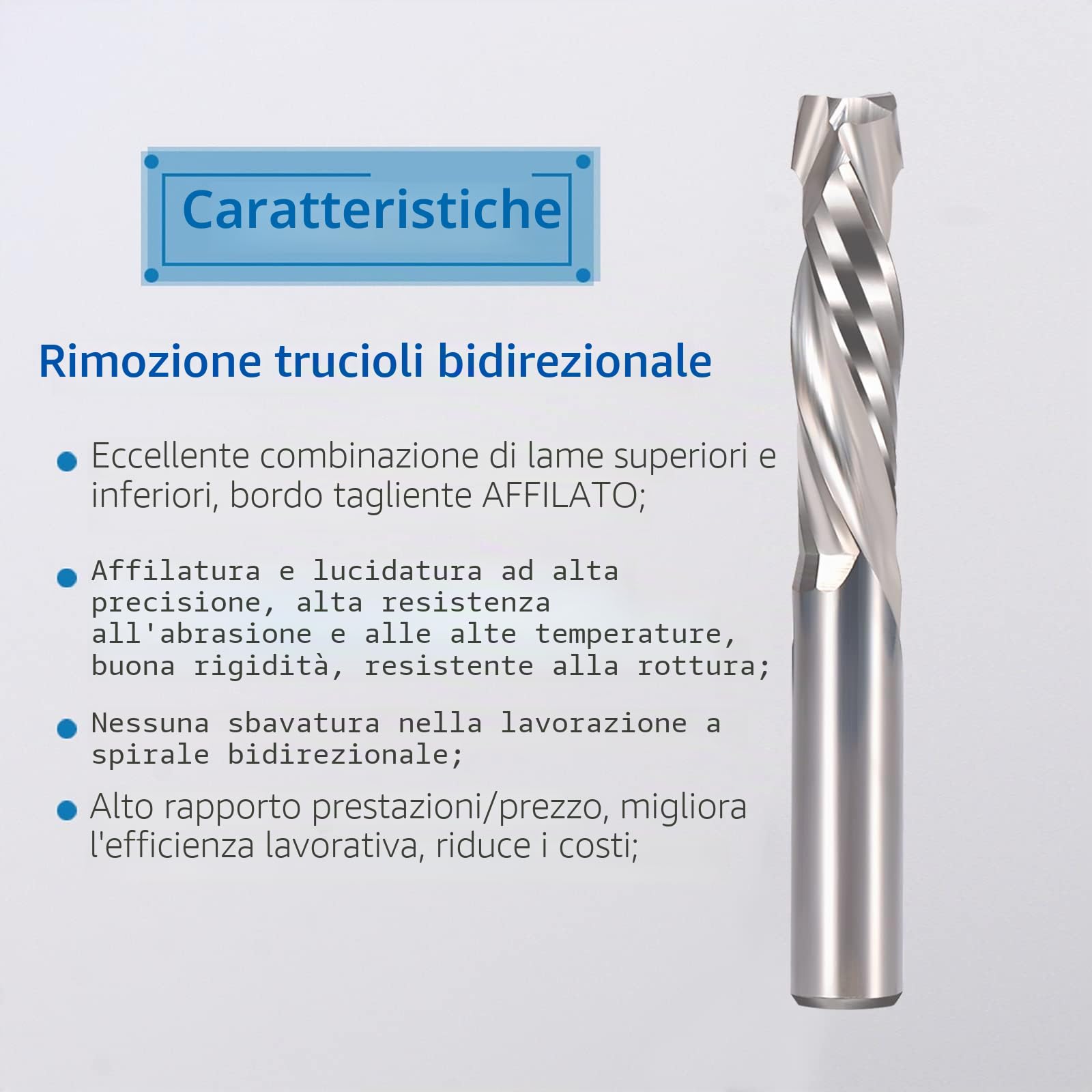 Punta da taglio bidirezionale a doppia spirale in metallo al carburo, per fresa CNC a compressione, per il taglio del legno, 6 x 25 mm