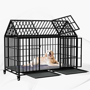 42" Heavy Duty Dog Crate Large Dog cage Strong Metal Dog Kennels and Crates for Large Dogs Top Open with 2 Doors 4 Lockable Wheels 2 Removable Trays