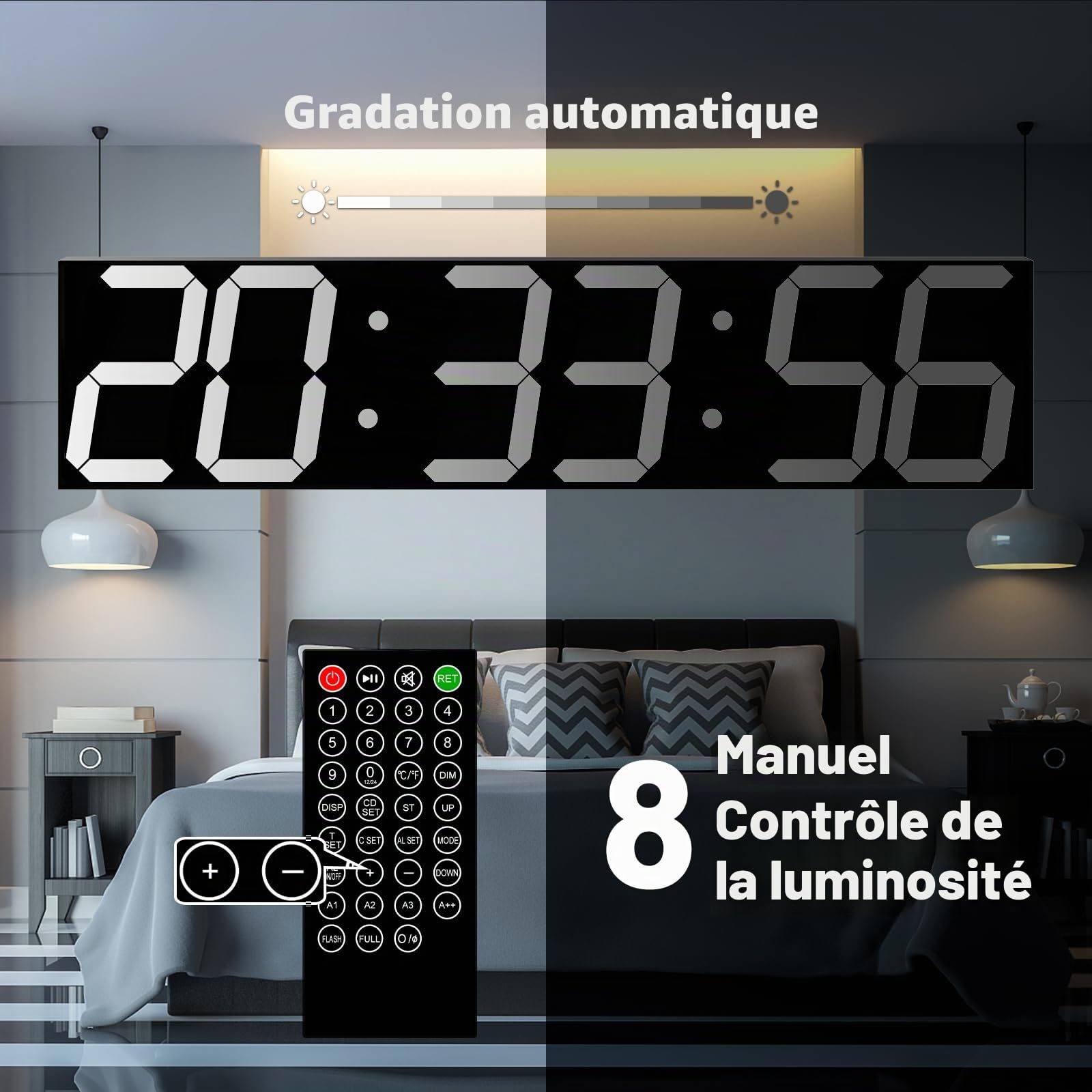 CHKOSDA Horloge Murale numérique, avec variateur d'intensité, Grand Compte à rebours avec télécommande, écran LED de27.5in de Large, 6 Chiffres, Support Mural, Date et température （Blanche）