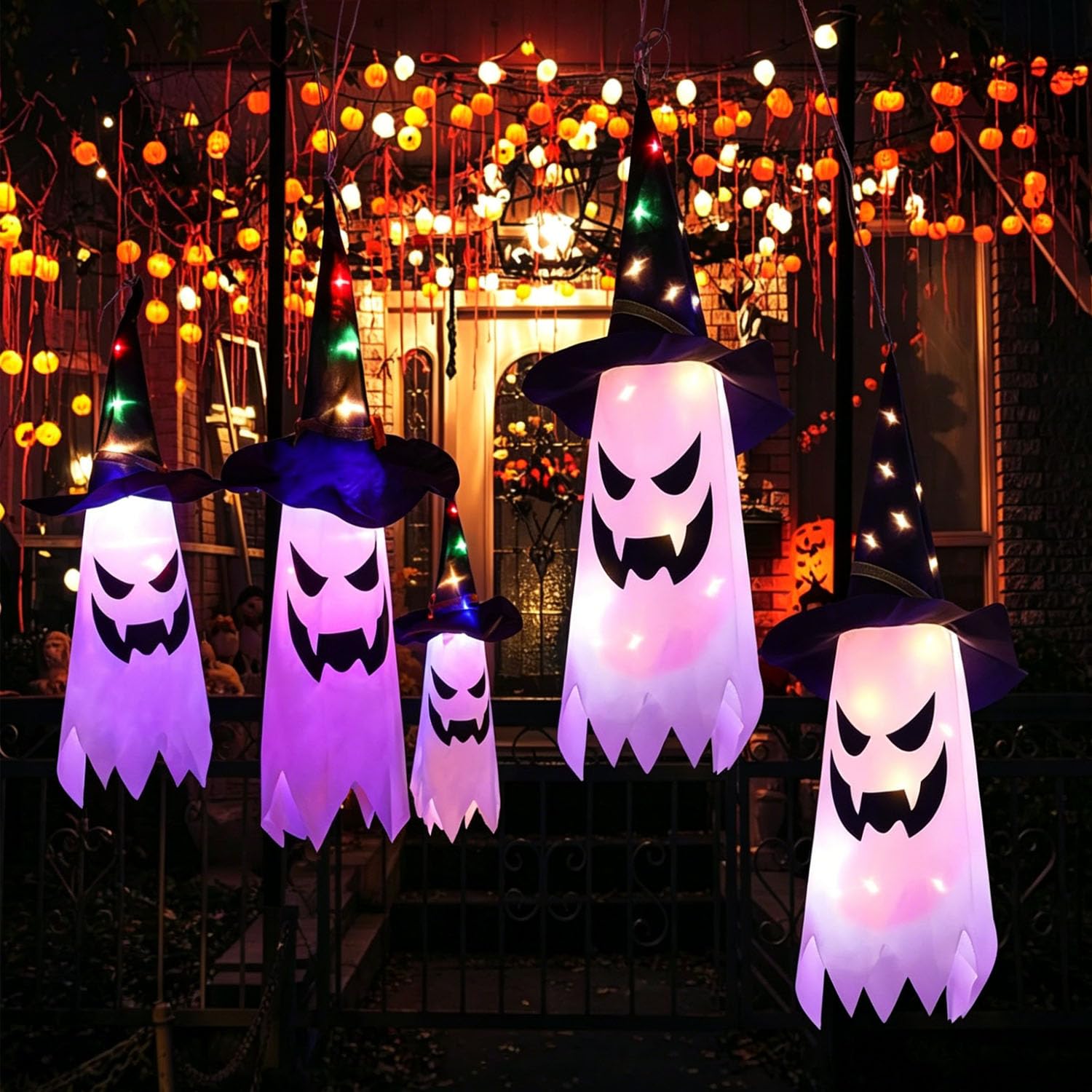 FGHB Halloween Decorations Outdoor, Halloween Decor Glowing Ghost Witch Hat Halloween String Lights, 10ft Waterproof 5Pcs Hanging Lighted Glowing Ghost Witch Hat Decor for Home, Yard, Garden, Tree